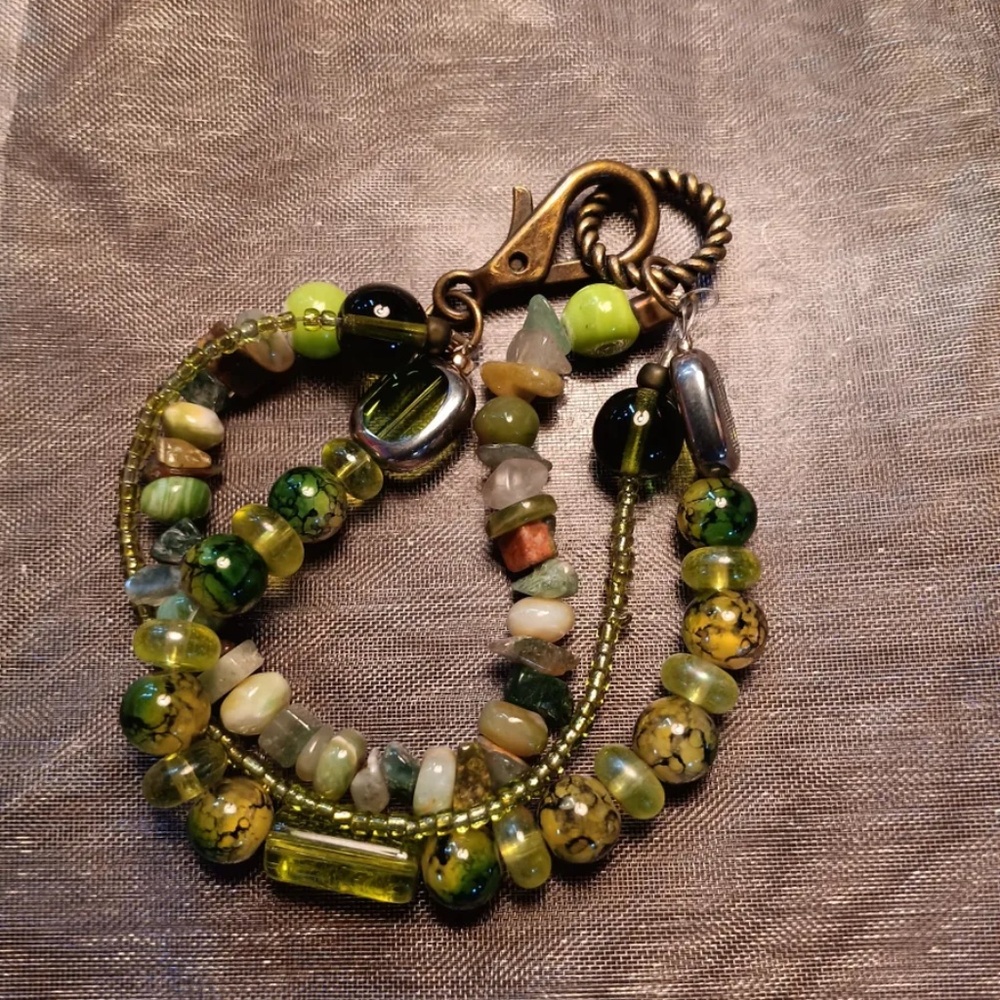 New 3 Strand Green Mixed Bead Bracelet with Brass Lobster Clasp
